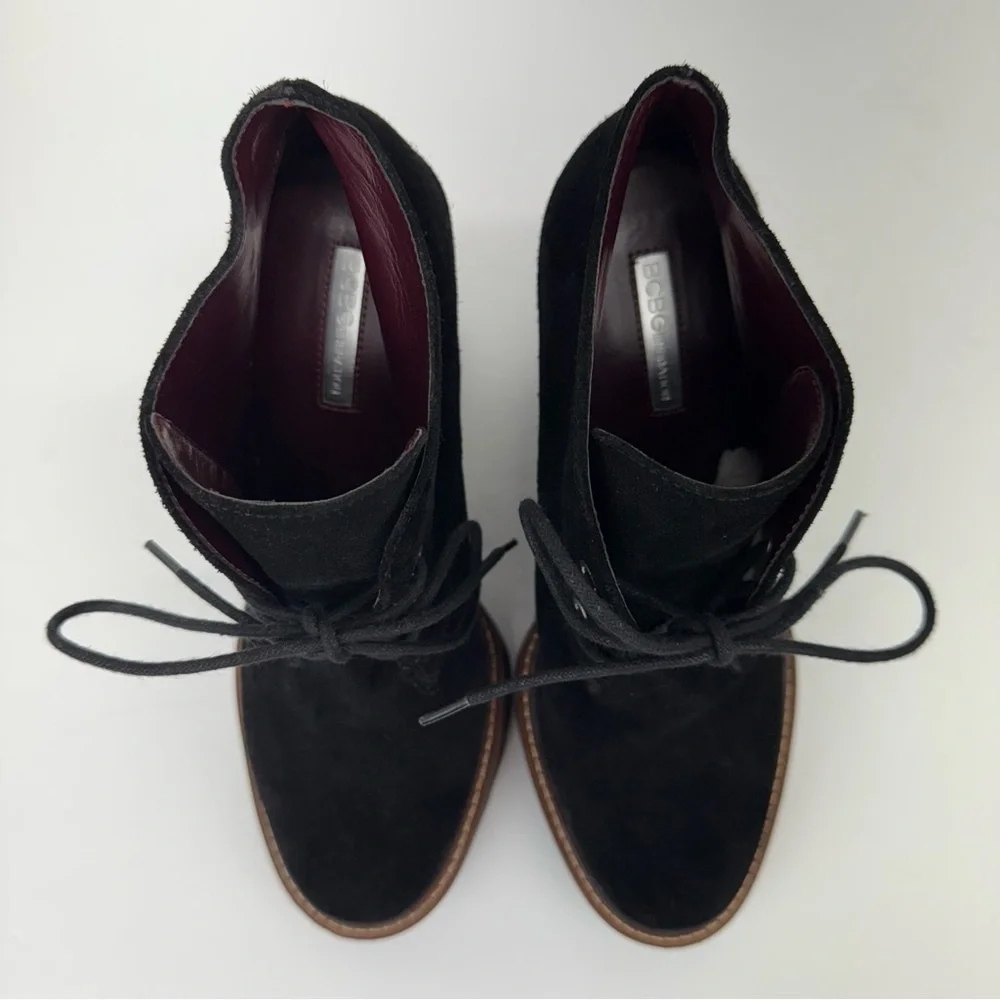 BCBGeneration size 9.5 Women’s Black Suede Leather Lace Up Wedge Booties